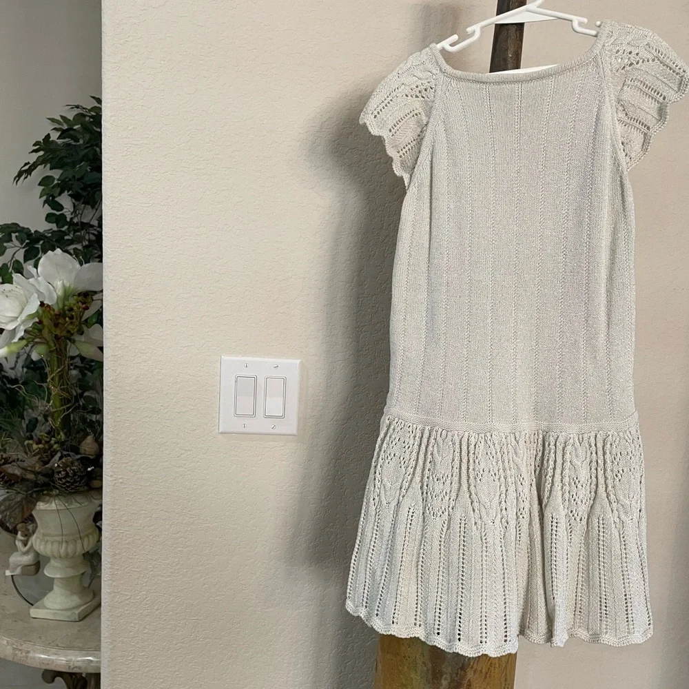 American Girl Sparkle Ivory woven Sz 10 dress A cutie pink brooch & woven ribbon